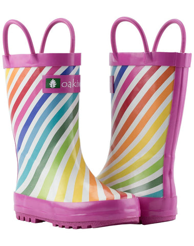 Rainbow children's kids rain boots with stripes in pink with loop handle from Oaki